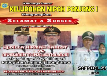 Keluarga Besar Pemerintah Kelurahan Nipah Panjang Satu Mengucapkan Selamat Atas Dilantiknya Hj. Dillah Hikmah Sari ST Dan Muslimin Tanja .s. th .i.m.si Sebagai Bupati Dan Wakil Bupati Tanjabtim Oleh Bapak Presiden RI H. Prabowo Subianto