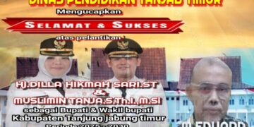 Keluarga Besar Dinas Pendidikan Kab. Tanjabtim Mengucapkan Selamat Atas Di Lantik nya Bupati Dan Wakil Bupati Tanjabtim H. Dillah Hich ST – Muslimin Tanja M.SI Oleh Presiden Bapak Prabowo Subianto