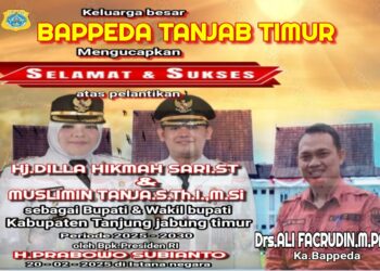 Keluarga Besar Dinas BAPPEDA Kab Tanjabtim Mengucapkan Selamat Atas Di Lantik nya Bupati Dan Wakil Bupati Tanjabtim H. Dillah Hich ST – Muslimin Tanja M.SI Oleh Presiden Bapak Prabowo Subianto