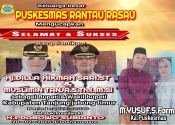Keluarga Besar Puskesmas Rantau Rasau Mengucapkan Selamat Atas Di Lantik nya Bupati Dan Wakil Bupati Tanjabtim H. Dillah Hich ST – Muslimin Tanja M.SI Oleh Presiden Bapak Prabowo Subianto