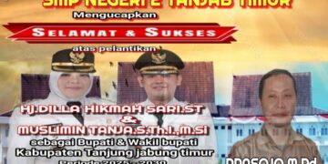 Keluarga Besar SMPN 2 Tanjabtim Mengucapkan Selamat Atas Di Lantik nya Bupati Dan Wakil Bupati Tanjabtim H. Dillah Hich ST – Muslimin Tanja M.SI Oleh Presiden Bapak Prabowo Subianto