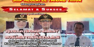 Keluarga Besar SMPN 22 Tanjabtim Mengucapkan Selamat Atas Di Lantik nya Bupati Dan Wakil Bupati Tanjabtim H. Dillah Hich ST – Muslimin Tanja M.SI Oleh Presiden Bapak Prabowo Subianto