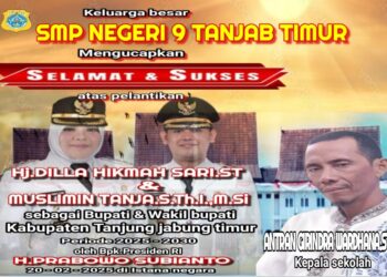 Keluarga Besar SMPN 9 Tanjabtim Mengucapkan Selamat Atas Di Lantik nya Bupati Dan Wakil Bupati Tanjabtim H. Dillah Hich ST – Muslimin Tanja M.SI Oleh Presiden Bapak Prabowo Subianto