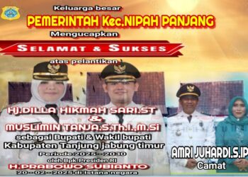 Keluarga Besar Pemerintah Kec. Nipah Panjang Mengucapkan Selamat Atas Di Lantik nya Bupati Dan Wakil Bupati Tanjabtim H. Dillah Hich ST – Muslimin Tanja M.SI Oleh Presiden Bapak Prabowo Subianto