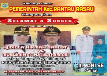 Keluarga Besar Pemerintah Kec Rantau Rasau Mengucapkan Selamat Atas Di Lantik nya Bupati Dan Wakil Bupati Tanjabtim H. Dillah Hich ST – Muslimin Tanja M.SI Oleh Presiden Bapak Prabowo Subianto