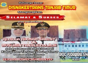 Pemerintahan Disnakertrans Tanjabtim Mengucapkan Selamat Atas Di Lantik nya Bupati Dan Wakil Bupati Tanjabtim H. Dillah Hich ST – Muslimin Tanja M.SI Oleh Presiden Bapak Prabowo Subianto